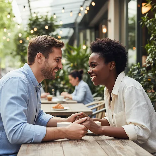 A joyful interracial couple sharing a genuine moment over coffee.