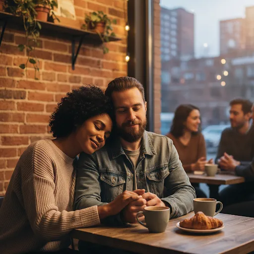 Interracial couple enjoying coffee by a window