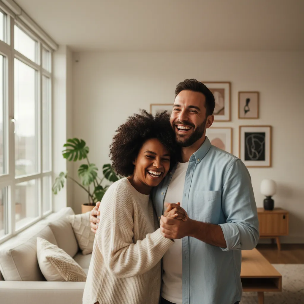 An interracial couple sitting close together in a warm apartment, the woman leaning into the man while they look at his phone.