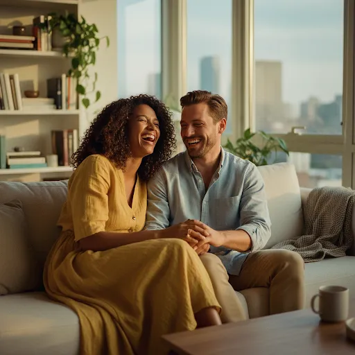 Interracial couple laughing together on a sofa