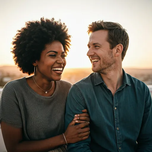 Candid lifestyle shot of a happy interracial couple, a Black woman and White man, laughing together on a sunlit terrace at sunset.