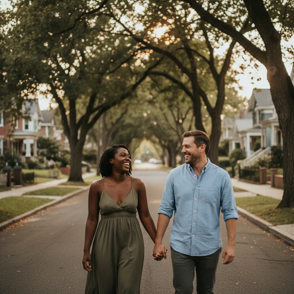 An interracial couple walking side by side on a tree-lined city street, comfortable and at ease in each other's company.